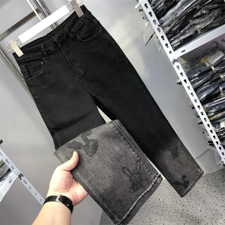 Gradient Black Grey Bunny Hot Drilling Women Denim Pants All-match Stretch High Waist Straight Jeans Ankle-length Long Trousers