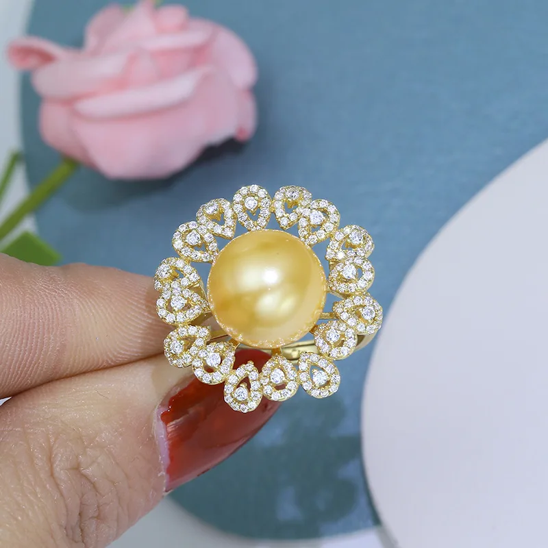 

MeiBaPJ 12-13mm Big Golden Natural Pearl Fashion Flower Ring 925 Sterling Silver Fine Wedding Jewelry for Women