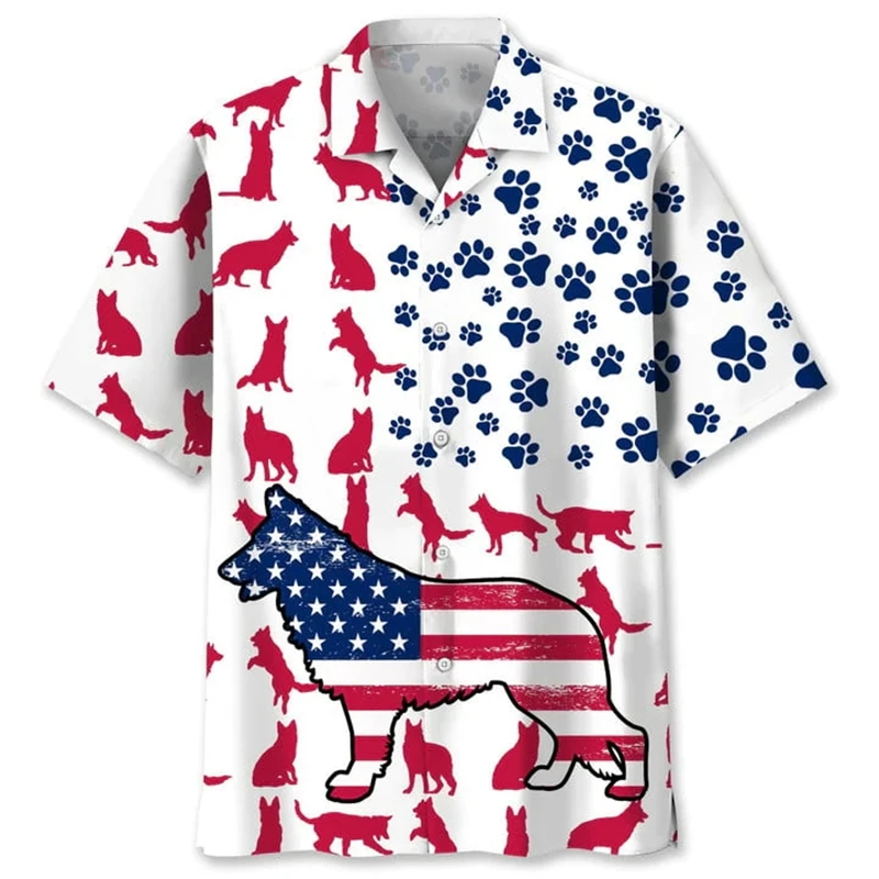 

Hawaii Shirts 3d Print Dog Shorts Sleeve Womens Blouse Holiday Party Tops USA Flag Pattern Buttons Harajuku Camisa Lapel Clothes