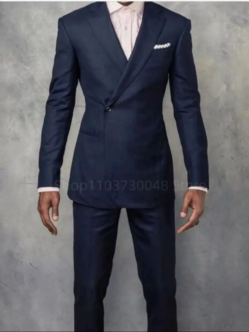 Elegant Slim Fit Navy 2 Piece Wedding Men's Tuxedo Double Breasted Notch Lapel Blazer with Pants Formal Business Groom Clothing