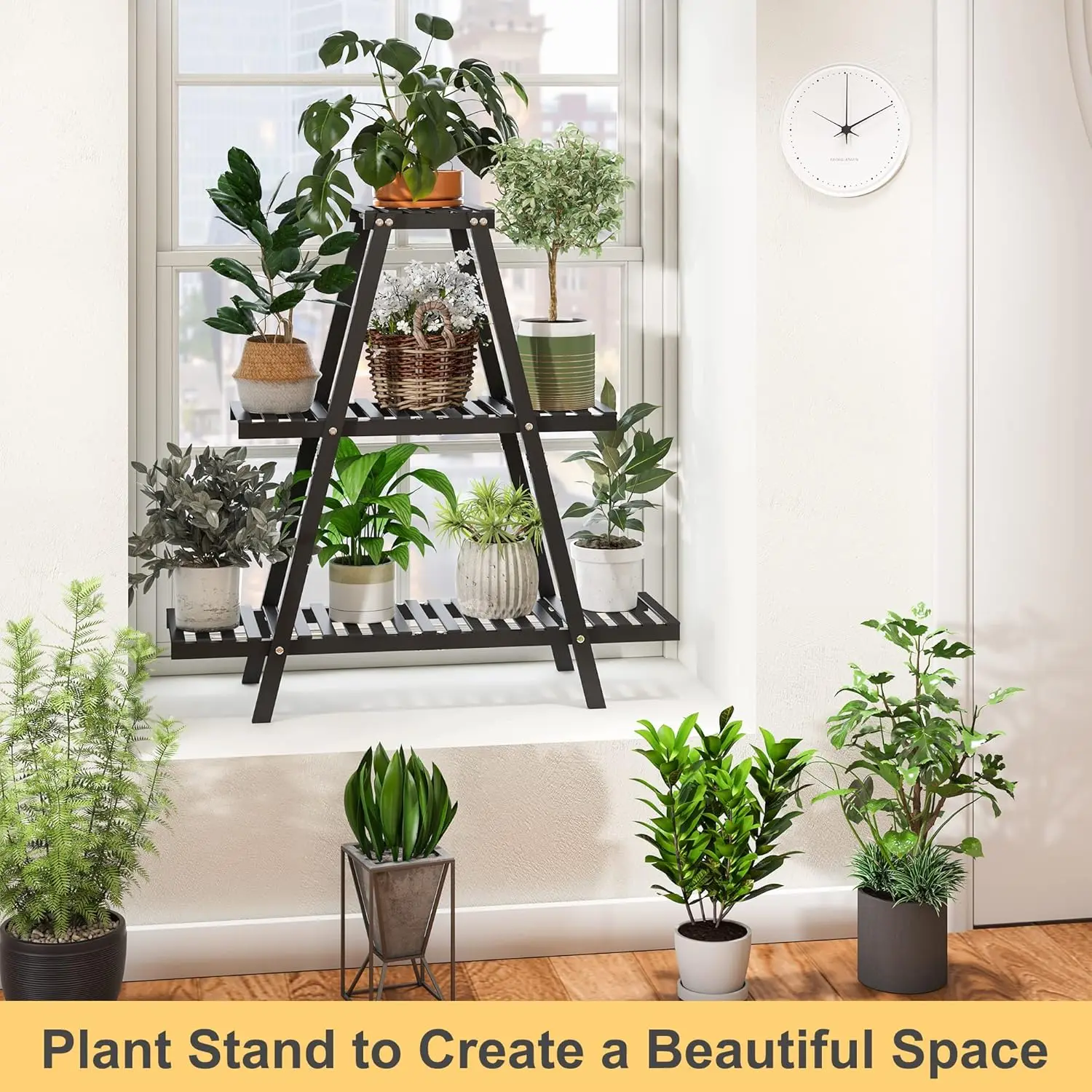 Bamboo Plant Stand Indoor/Outdoor,  Rectangular, 8 Potted Flower Holder Ladder Plant Rack  wall shelf  shelves 4