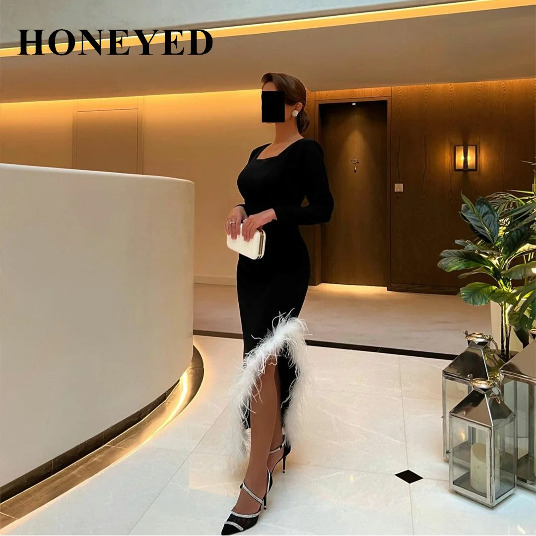 

Honeyed Elegant Long Square Collar Evening Dresses With Feathers Sheath Muslim Crepe Floor Length Prom Formal Dress for Women