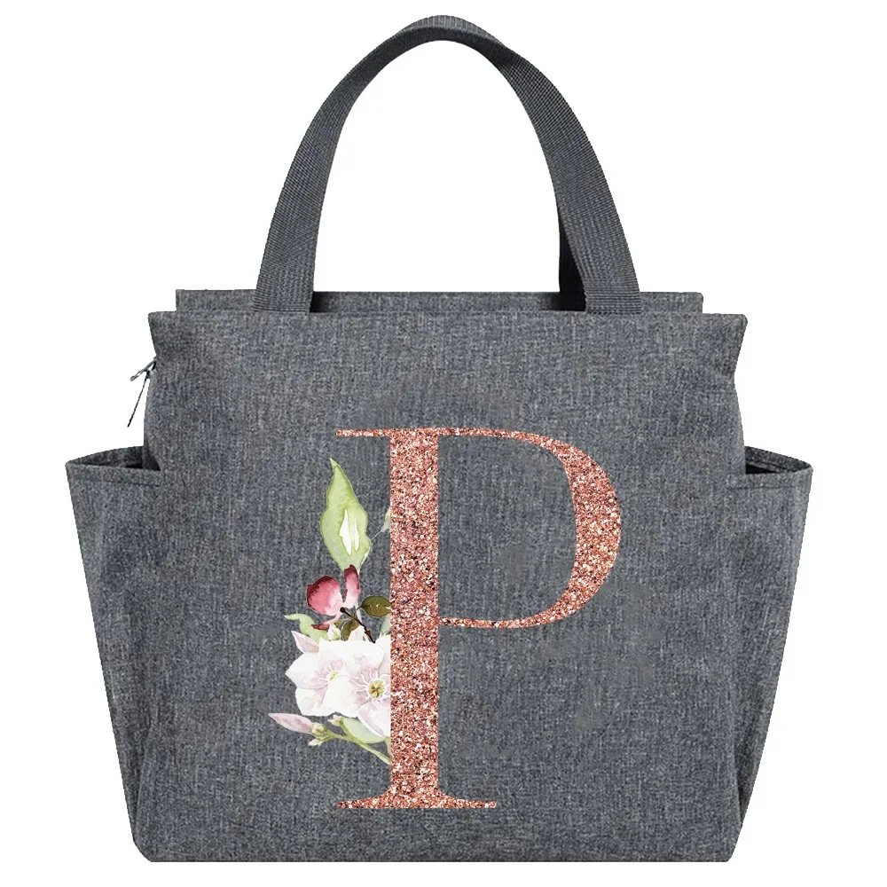 Rose Gold Insulated Lunch Tote with Letter Print