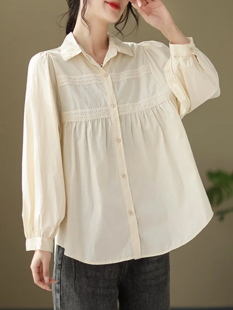 

100% Cotton Women Casual Shirts New Arrival 2023 Spring Korean Style Solid Color All-match Loose Female Long Sleeve Tops B2254