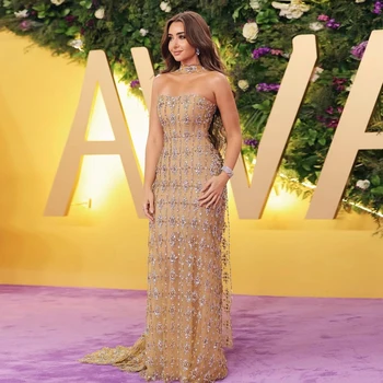 Sharon Said Luxury Dubai Beaded Nude Evening Dress with Scarf Elegant Strapless Arabic Prom Formal Party Gowns SS229 Customized 1