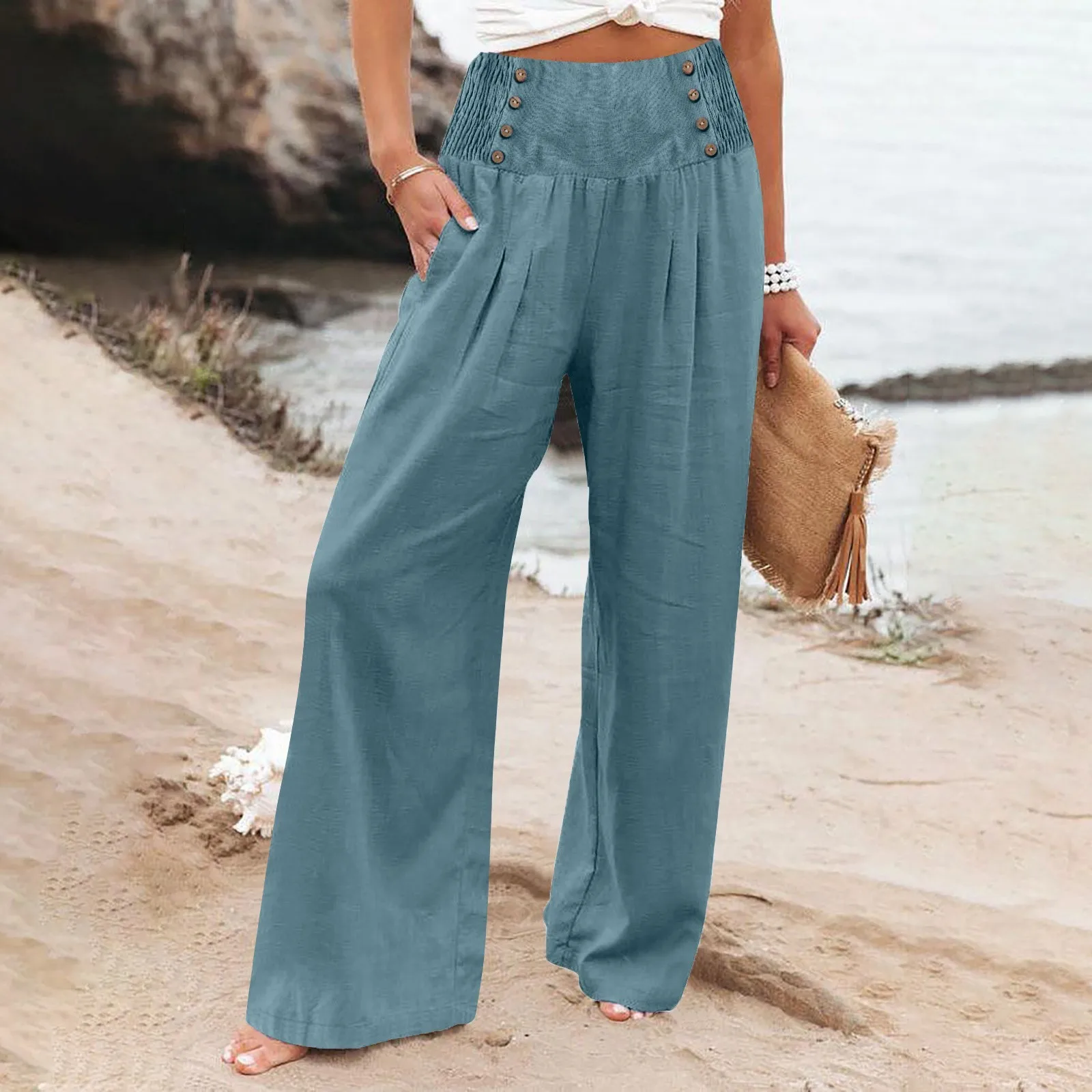 Summer Cotton Linen Wide Leg Pants Women Loose Palazzo Pant Pocket Elastic Waist Button Casual Pants.jpg Summer Cotton Linen Wide Leg Pants Women Loose Palazzo Pant Pocket Elastic Waist Button Casual Pants.jpg