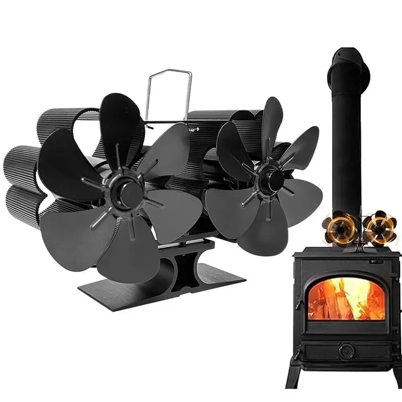 

12 Blades Heat Powered Stove Fan Double Head Black Fireplace Fan Log Wood Burner Eco Friendly Home Efficient Heat Distribution