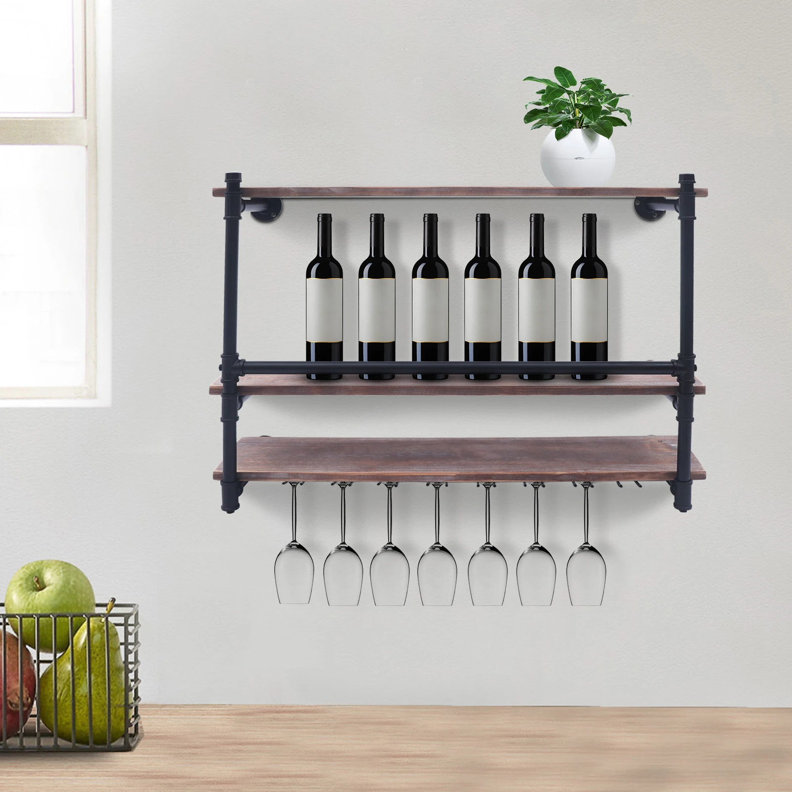 

Wine Racks Wall Mounted Rustic Wall Shelf with Glass Holder Wood Shelves Storage Organizer Kitchen Storage & Organization