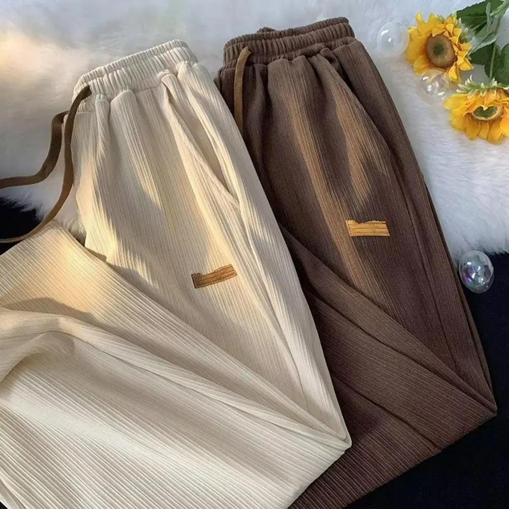 Mid-rise Elastic Waistband Men Pants Drawstring Pockets Ribbed Fast Drying Summer Ultra-thin Ice Silk Casual Trousers Streetwear