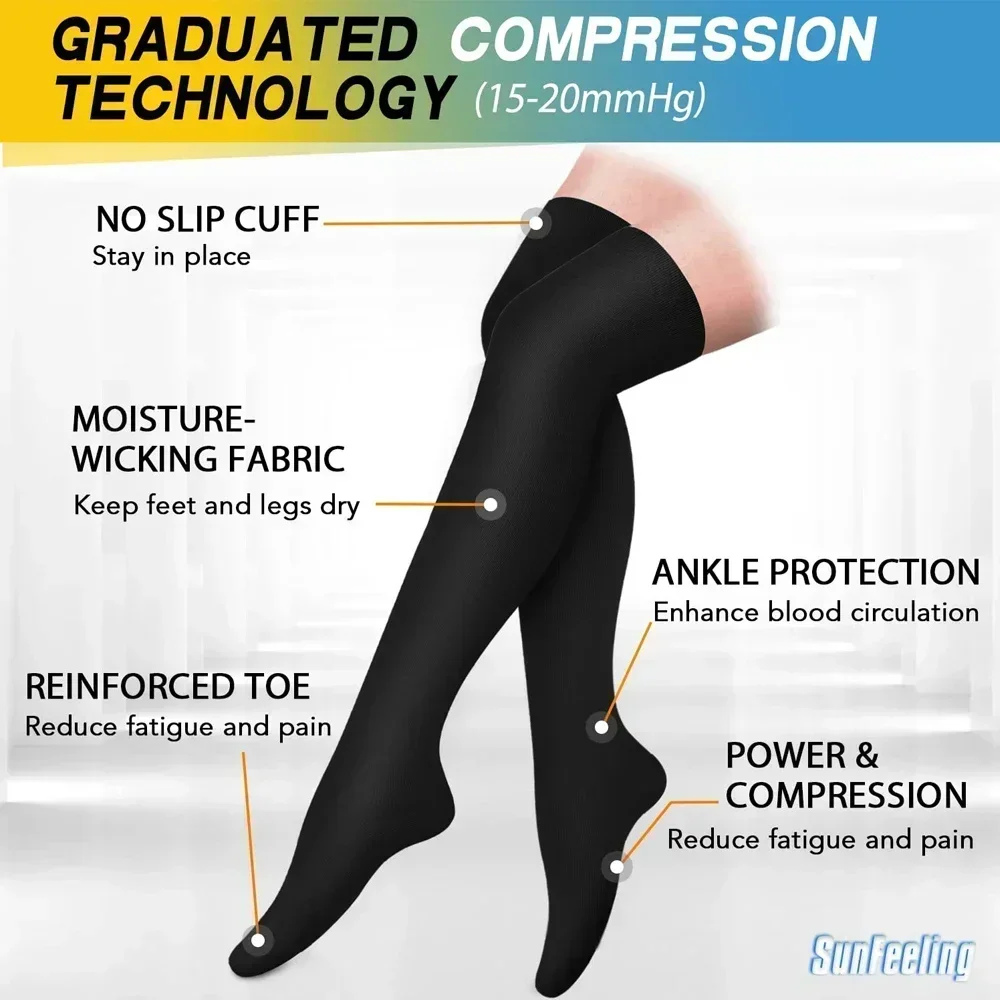 1 Pair 20-30 mmHg Compression Stockings for Women & Men Thigh High Socks Graduated Support for Varicose Veins Edema Flight