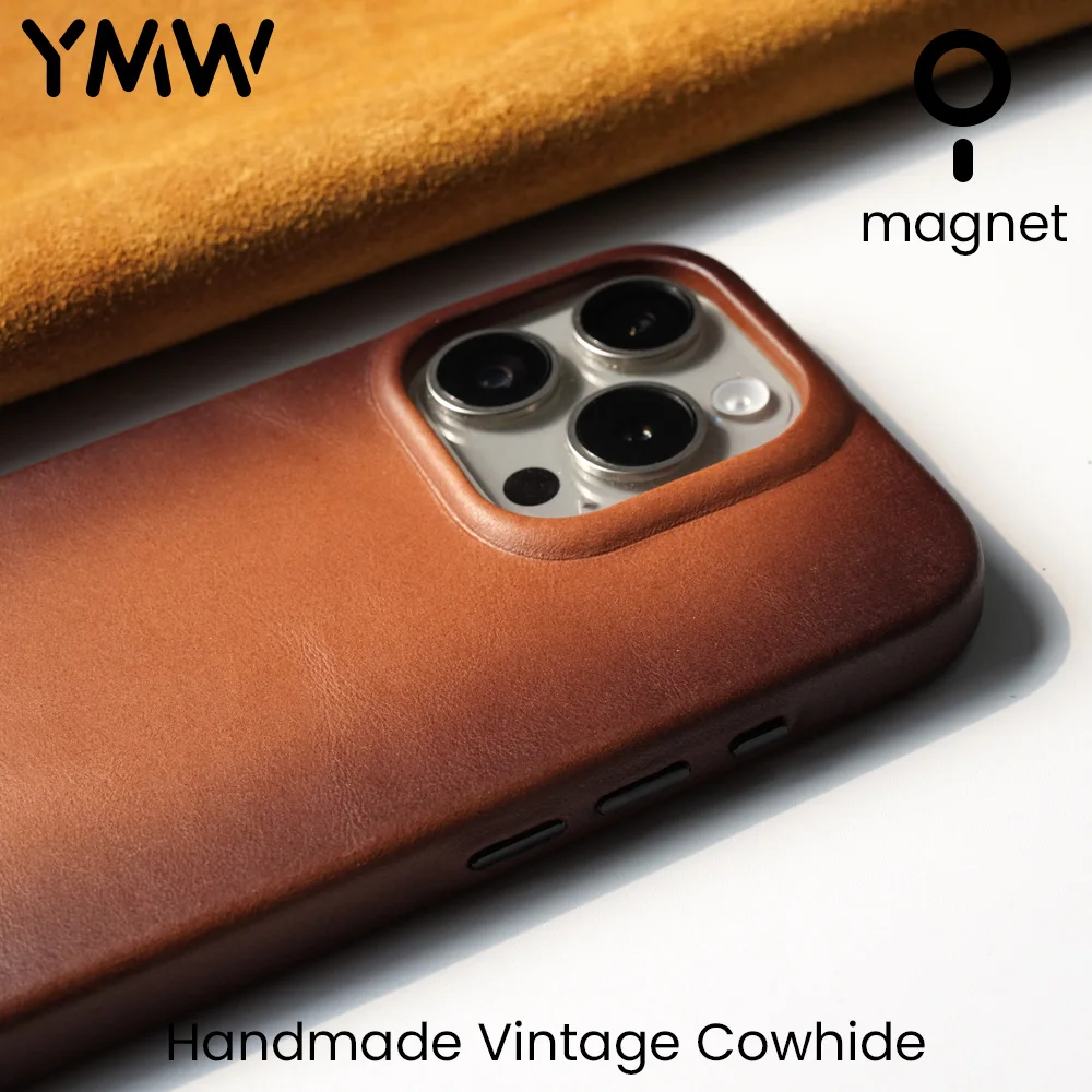 

YMW Handmade Case for iPhone 15 Pro Max Plus Magnetic Oil Wax Genuine Leather Luxury Business Retro Pull-up Cow Phone Cover