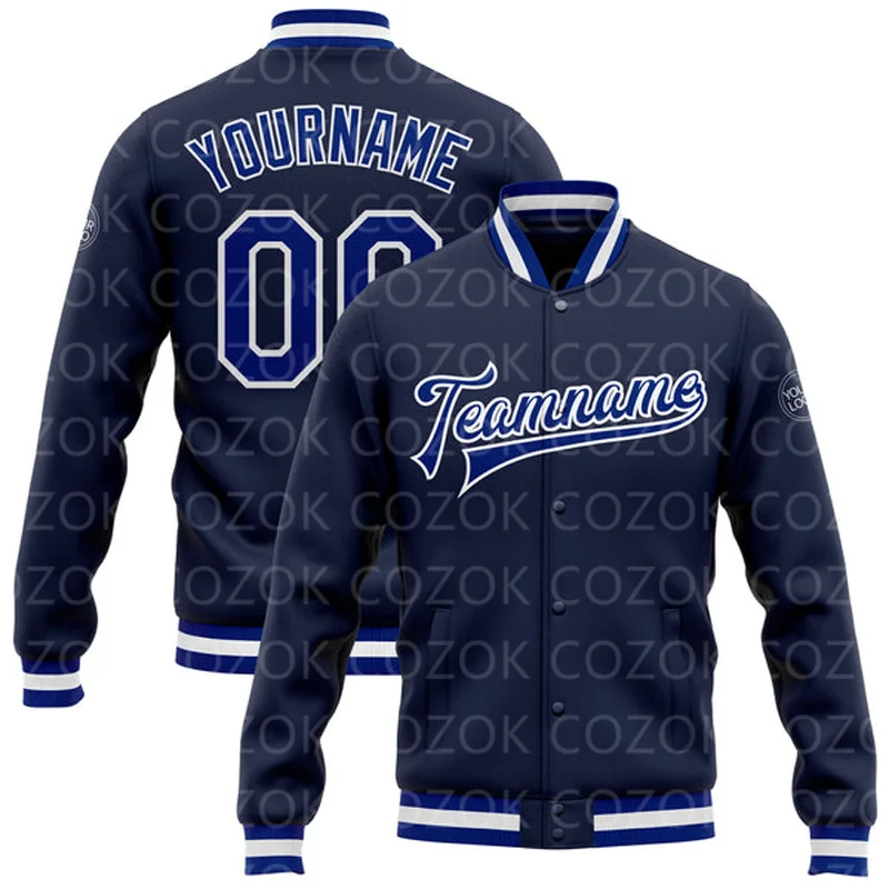 Custom Blue Dark 3D Printed Baseball Button Jacket Bomber Full-Snap Varsity Letterman Jacket