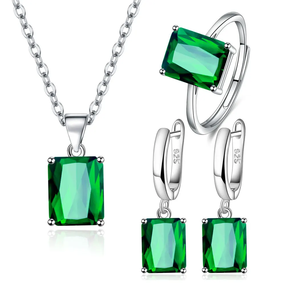 Blue Square Zircon Pendant Necklace Earrings Ring Jewelry Sets for Women Romantic Fashion Wedding Jewelry Sets Gifts