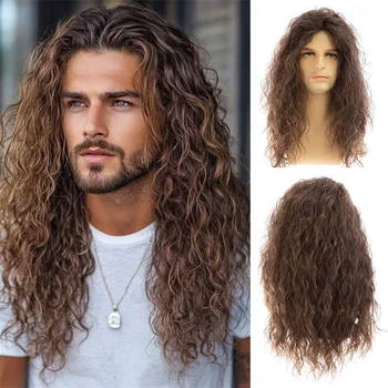 HAIRJOY Parrucca sintetica da uomo con capelli ricci lunghi marroni, parrucche per costume cosplay da rocker anni '70 e '80, per feste di Halloween