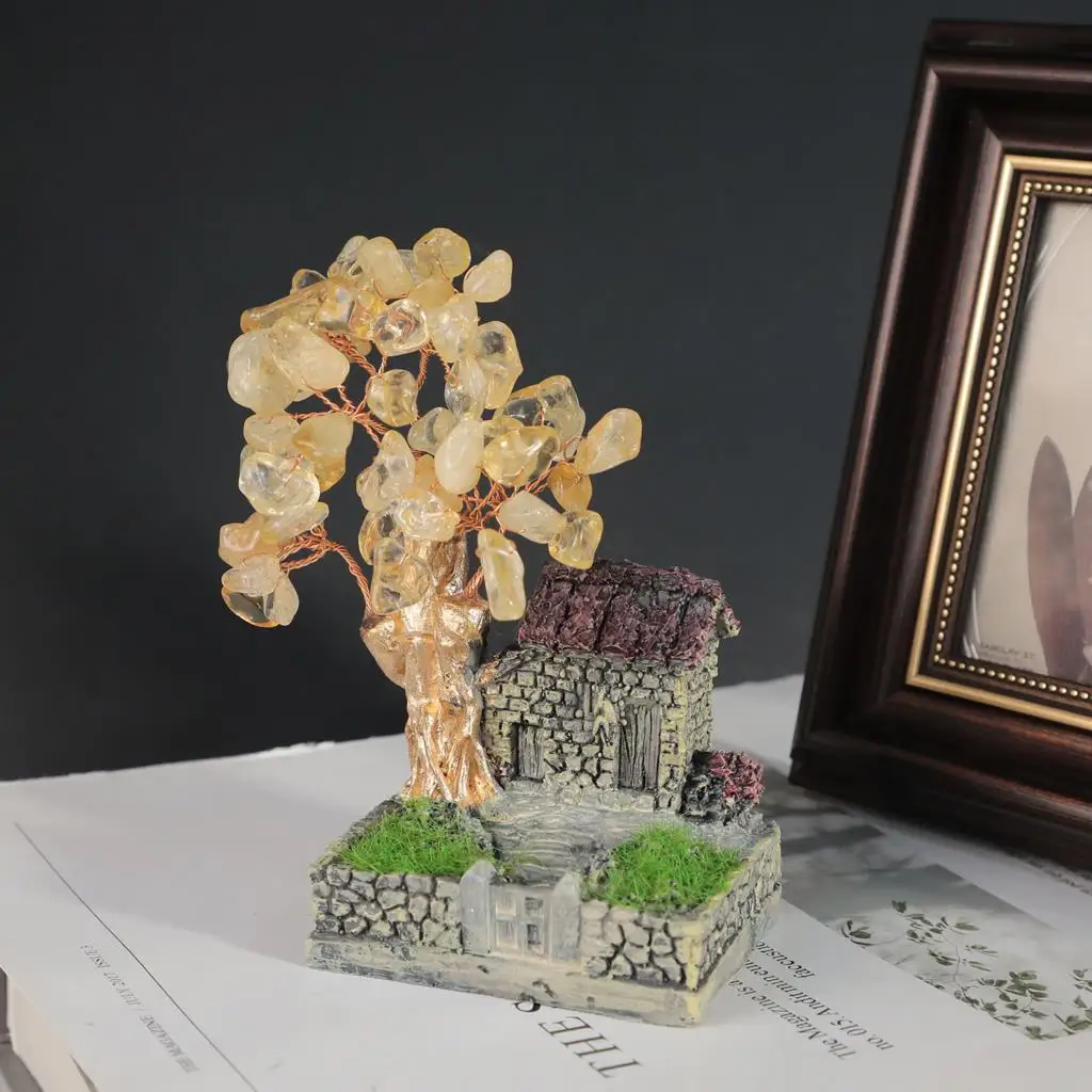 Mini Resin Tile-roofed House With Crystal Money Tree Simulation Grass Landscape Figurine For Home Decor
