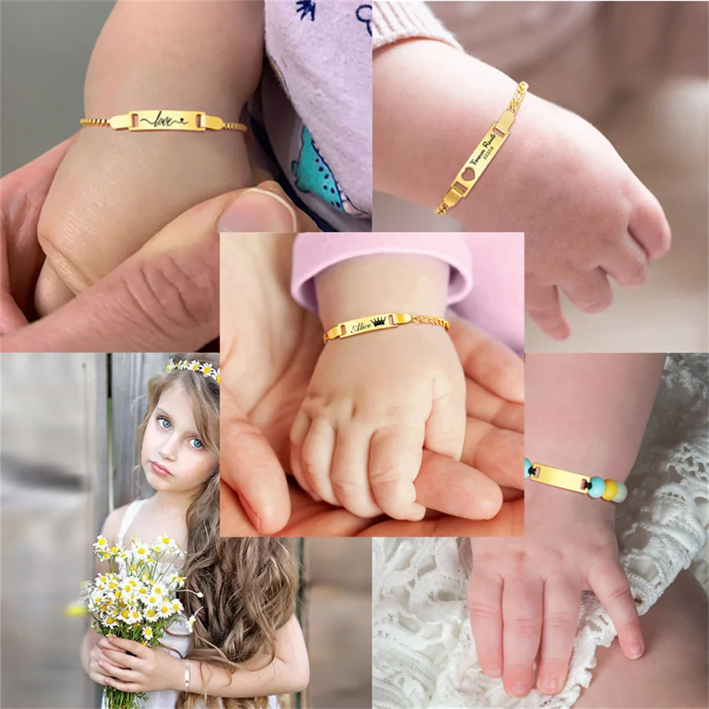

Engravable Print Ersonalize Baby Name Bracelet Non Allergy Stainless Steel Infant Baptism Bangle Jewelry Custom Family Love Gift