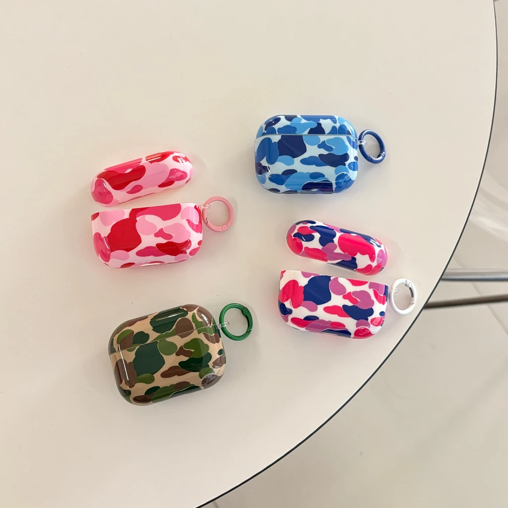 Stilvolles Kopfhörer-Etui mit Farbkombination und Tarnmuster, mit Haken, für AirPods 1 oder 2, 3, 4, 5, Pro 2, Pro 3