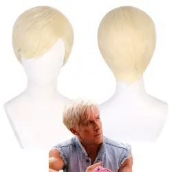 Barbier Ken Cosplay Wig for Adult Men Movie Barbier Ryan Gosling Wigs Heat Resistant Synthetic Gold Hair Halloween Party Props