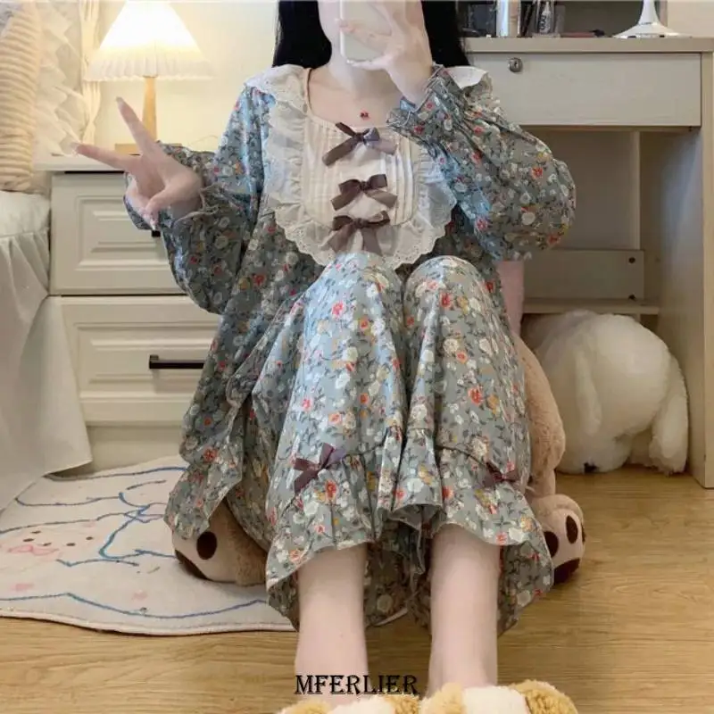 플러스 사이즈 용수철 꽃 잠옷 세트, O넥 긴 소매 상의 및 바지, O넥 홈웨어, 꽃 잠옷, 4XL, 150kg