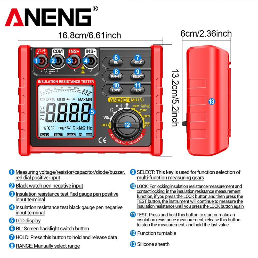 ANENG MH15 Insulation Resistance Multifunctional Digital Meter Automatic discharge AC/DC Voltage LCD Megohmmeter Tester Tools Resistance Tester
