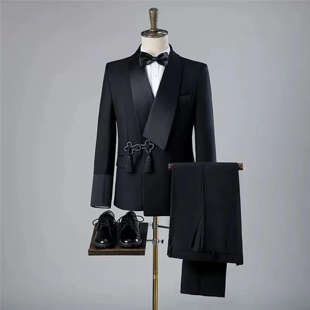 Luxury Elegnet Custom Black Suit For Men High Quality Wedding Formal Groom Party Fashion Tuxedos 2 Piece Set Blazers Pants 2024