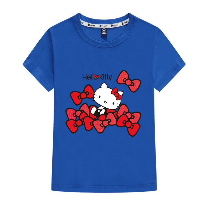 thumbnail image 1 of Ropa infantil de Hello Kitty, camiseta informal de verano a la moda de manga corta con estampado de dibujos animados para niña, camiseta transpirable de algodón puro para niño, nueva, 1 of 5