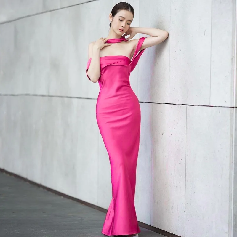 Elegante vestido largo sin espalda para mujer, ajustado, a la moda, con hombros descubiertos, vestido de fiesta de noche con cremallera, vestido de fiesta liso 2025