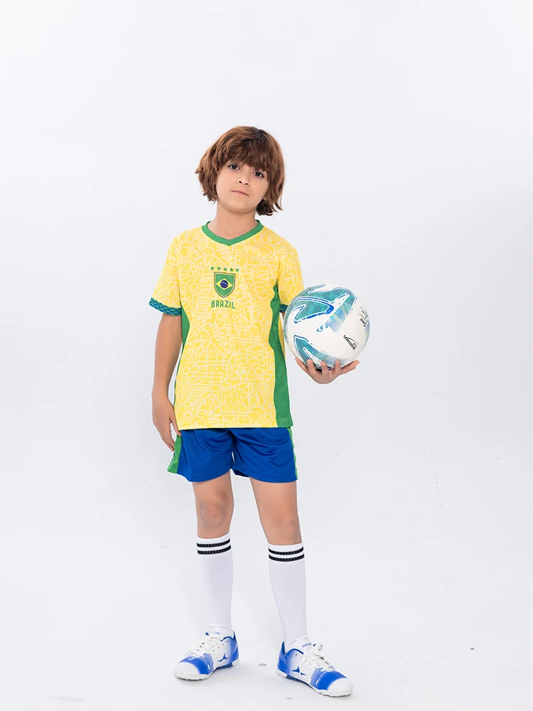Suruida Kids' Brazil Football Jersey Boys and Girls Sport Sets Quick Dry Children Soccer Jersey Kits