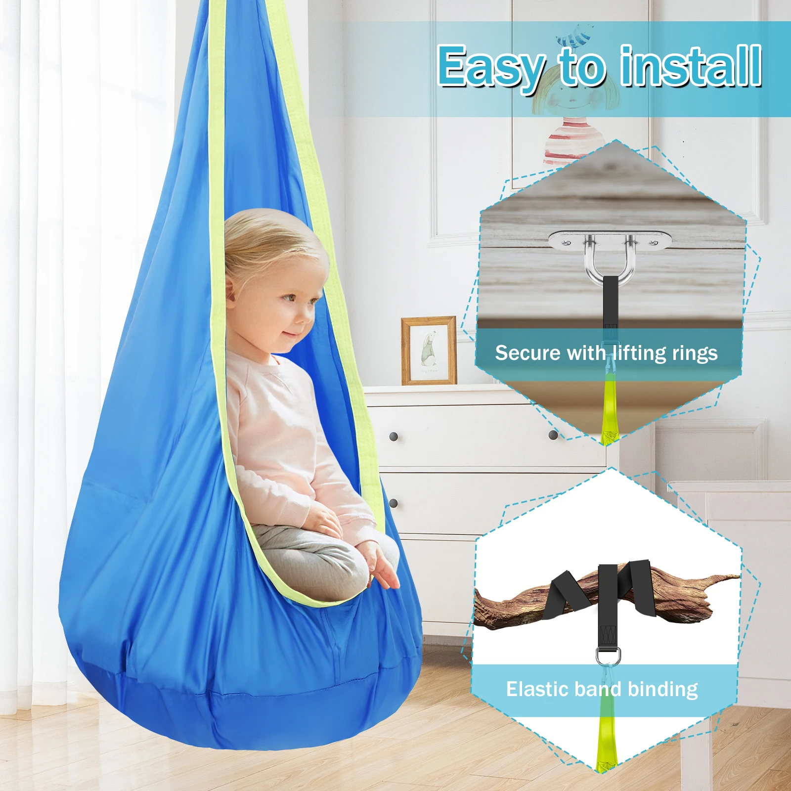 Kids Pod Swing Seat Hanging Hammock Chair with Inflatable Pillow & Pocket Comfortable Sensory Swing Max 200kg for Indoor Outdoor