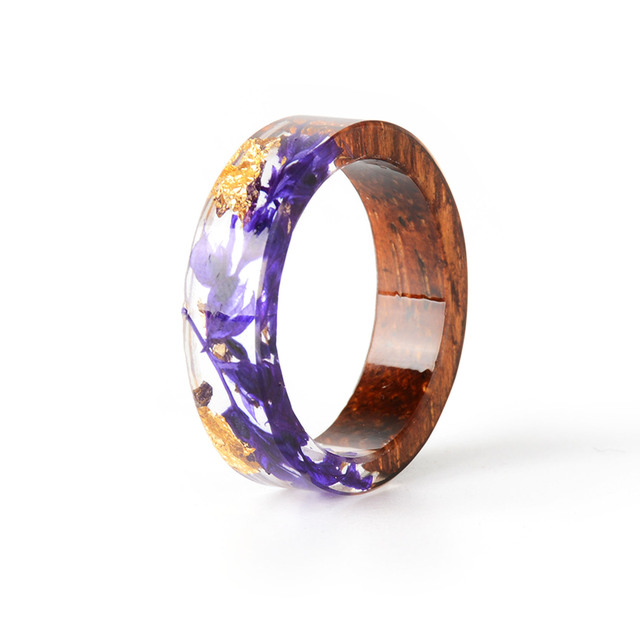 Hot Sale Handmade Wood Resin Ring Dried Flowers Plants Inside Jewelry Resin Ring Transparent Anniversary Ring for Women