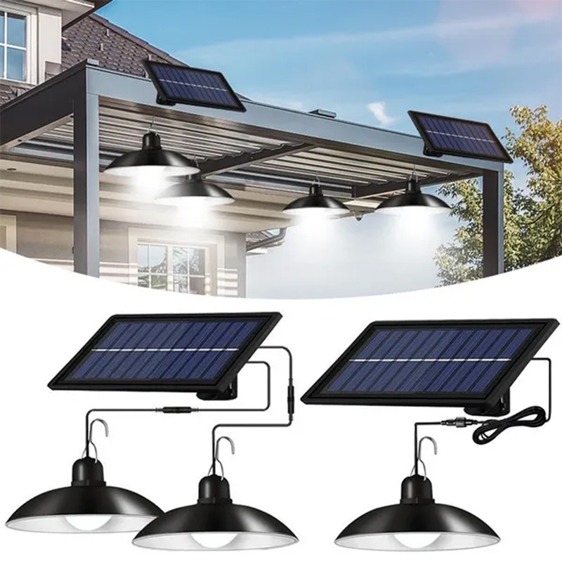 Solar Pendant Light Outdoor Waterproof LED Lamp Double-head Chandelier Decorations with Remote Control for Indoor Shed Barn Room