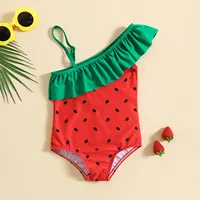 2024 Summer Toddler Girls Ruffles One Piece Swimwear Cartoon Watermelon Prints Beach Onesie Swimsuit Bikini Children Swimwear 1