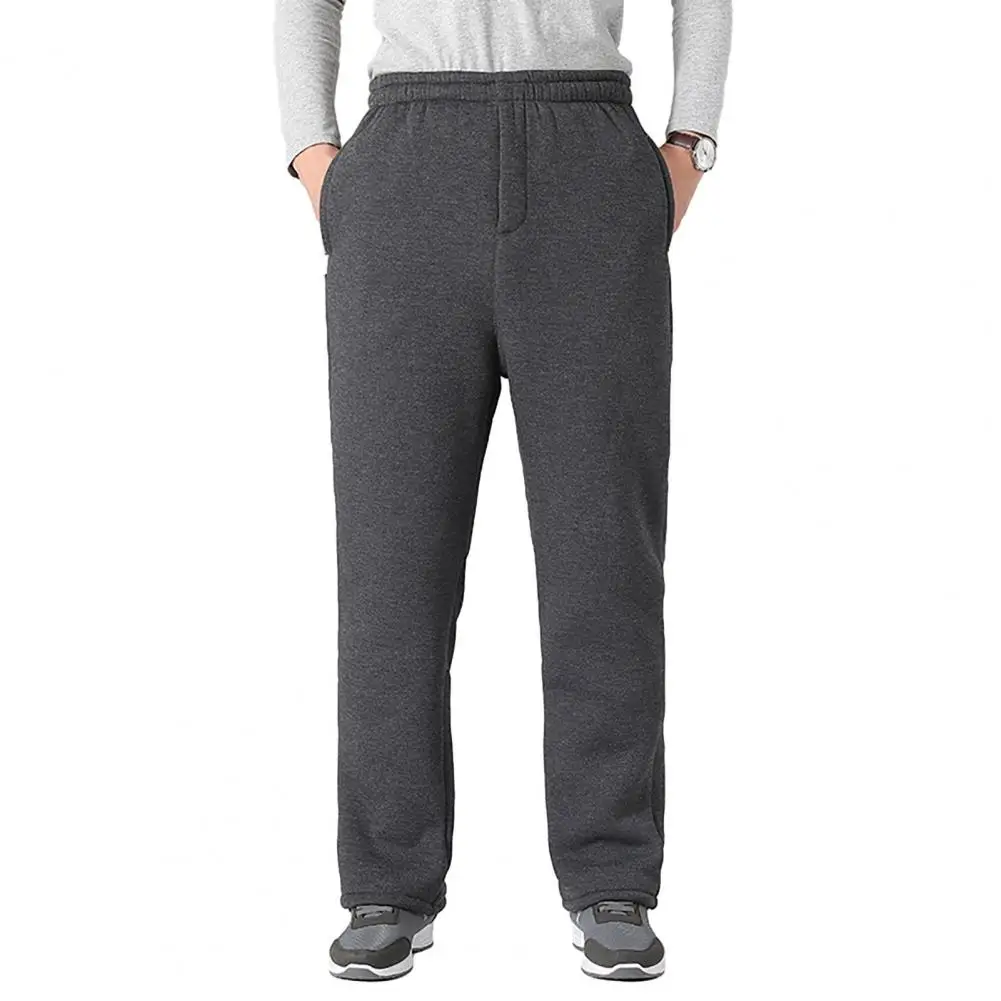 

Men Fleece Pants Mid-aged Loose Wide Leg Pant with Plush Lining Pockets Warm Sweatpants