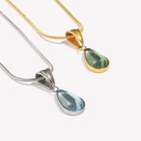 E.B.belle Green Blue Stone Waterdrop Pendant Necklace Gold Plated Silver Color Stainless Steel Necklaces Waterproof Jewelry