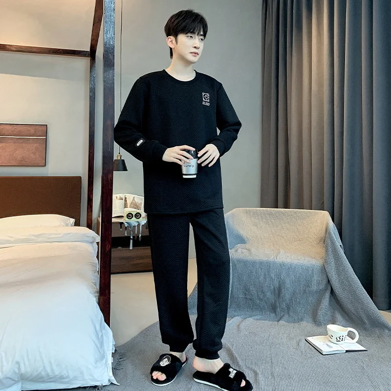 Autumn Winter New Male Long Sleeve Simple Sandwich Pajamas Set Long Sleeves Trouser Casual Warm Home wear
