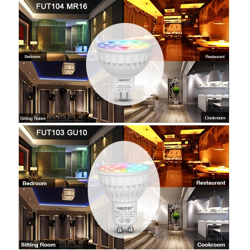 Miboxer 실내 램프 2.4G RF 원격 앱 제어, RGB + CCT LED 스포트라이트, FUT103, FUT104, GU10, MR16, 4W, 12V, 110V, 220V, 10 개