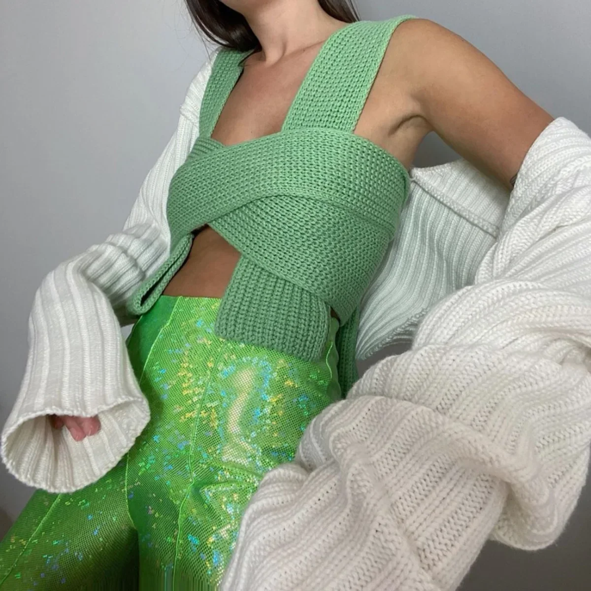 

Y2K Sexy Sleeveless Knitted Crop Sweater Harajuku Summer Fashion Vest Black Casual DIY Bandage Jumper Top Female Pullover
