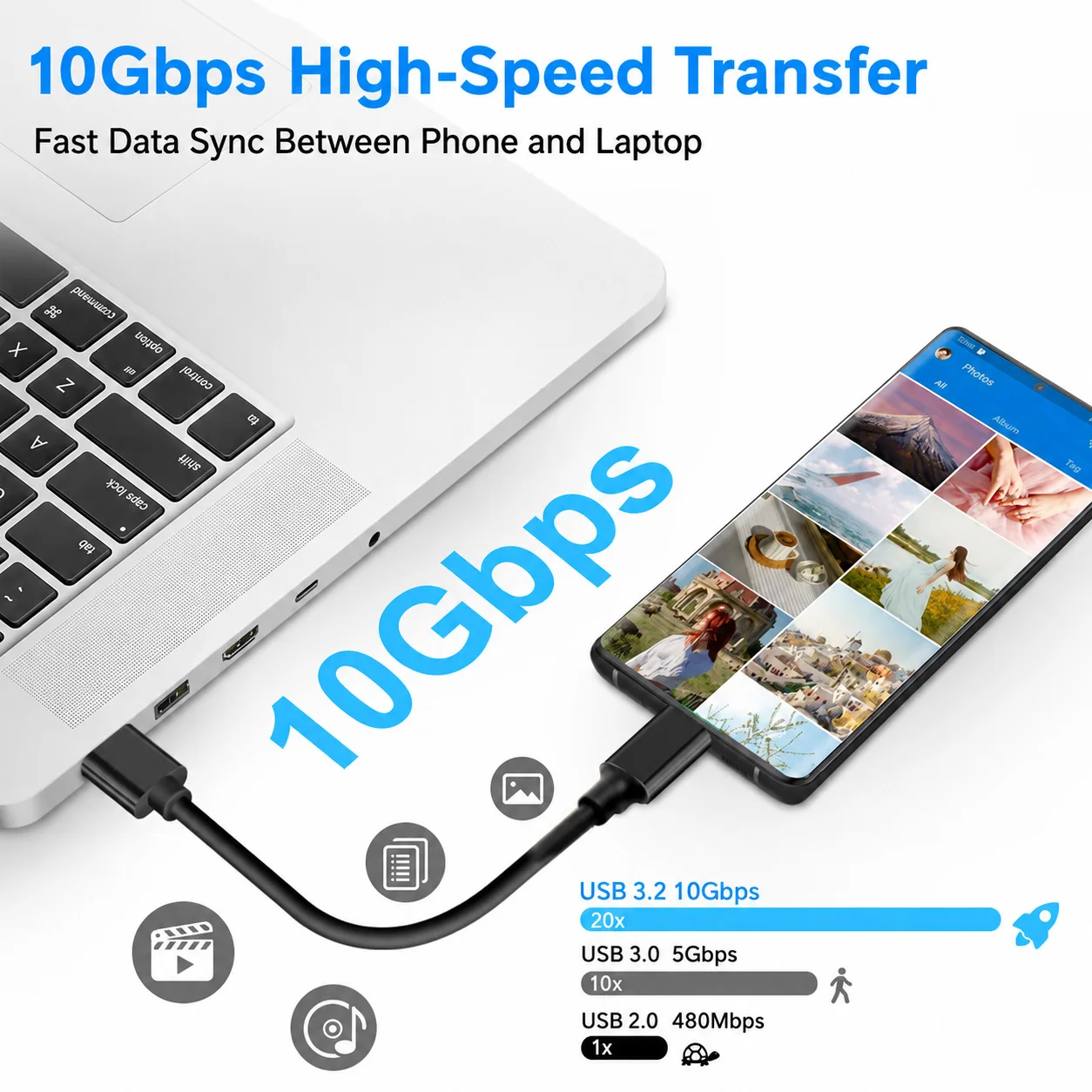 USB 3.2 타입 C to A 케이블 10Gbps 60W PD 고속 충전 데이터 전송 (갤럭시 S23 S22 노트 20 픽셀 아이패드 프로 SSD 안드로이드 오토용)