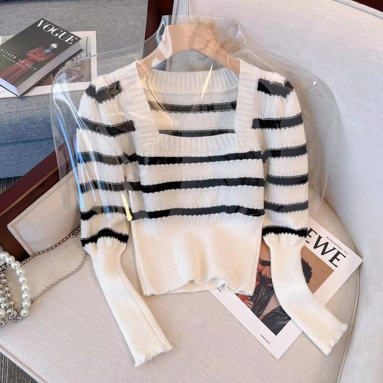 

New Puff Sleeve Sweater Women Long Sleeve Square Collar Elastic Sexy Knitwear Top Long Sleeve Fashion Autumn Clothes Jumper I561