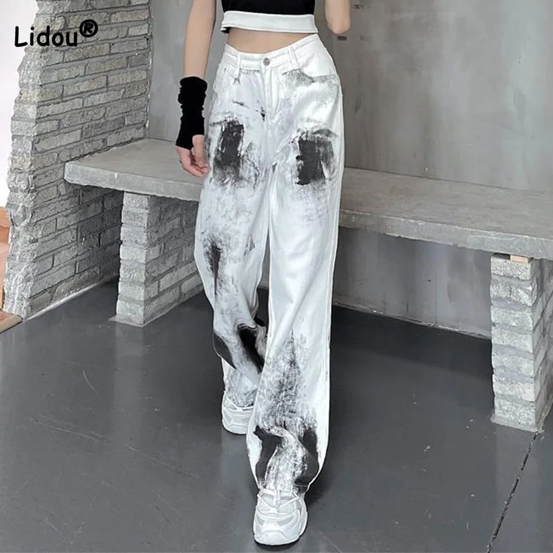 Simplicity Spring Autumn Button Patchwork Multiple Pockets Wide Leg Trousers Distressed Vintage Tie Dye Women Straight Jeans