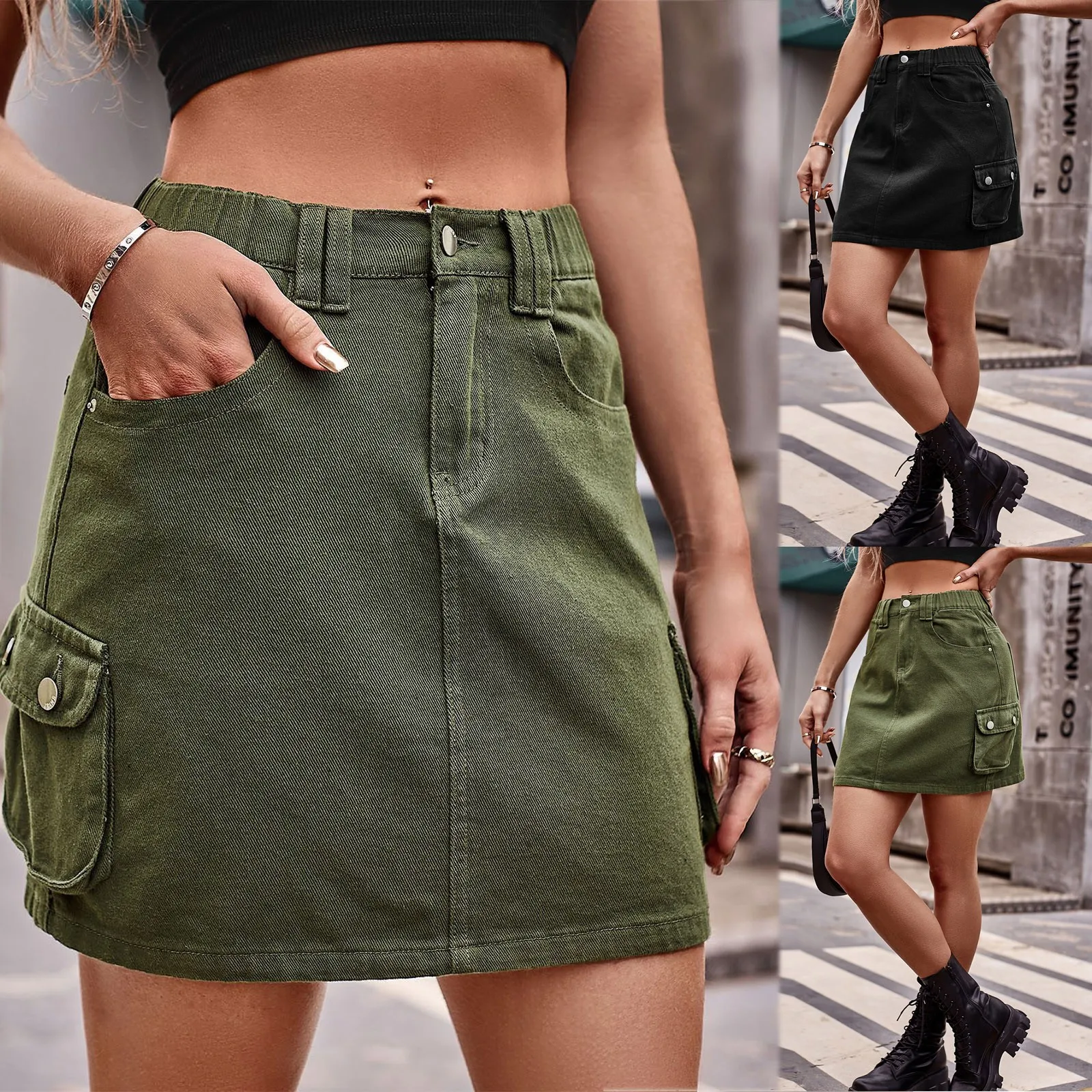 

Women'S Fashion Skirt Casual Solid Color Washed Denim Multi-Pocket Belt Overalls Shorts Skirt Skirts Summer 2023 Woman Faldas