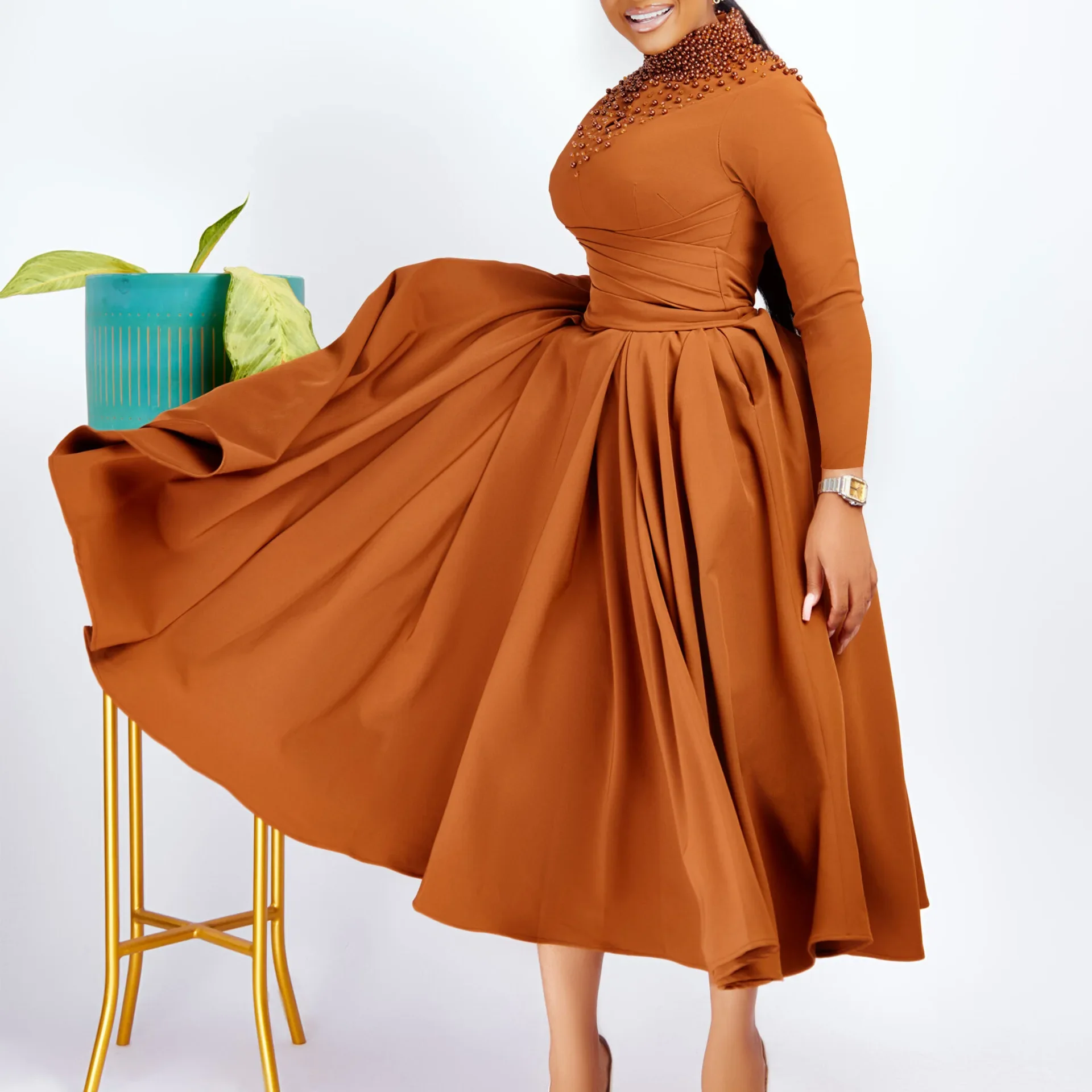 

2024 new fashion women's clothing high collar elegant beaded skirt dress waist African dress