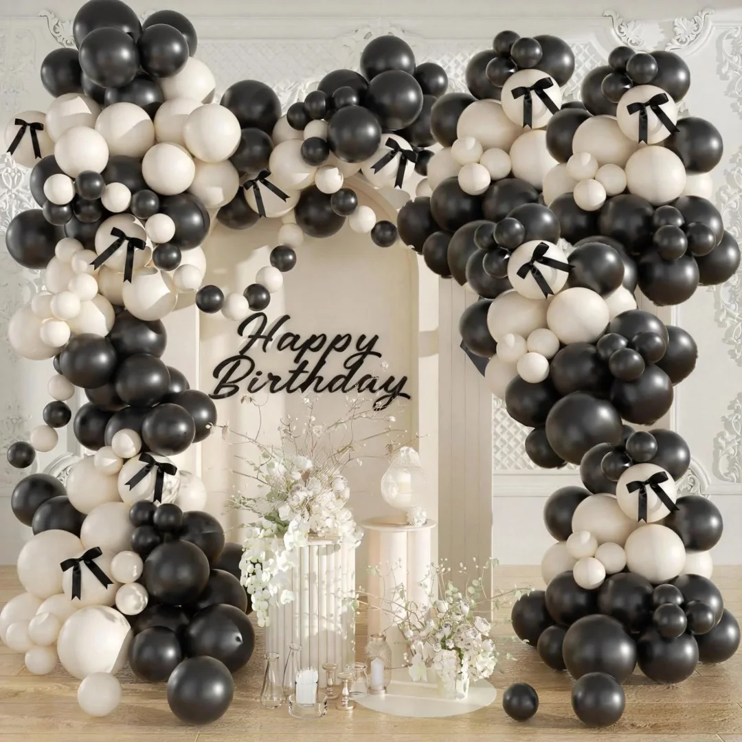 [DIY Ballon-Set] 133-teiliges Schwarz-Weiß-Latex-Ballon-Set mit schwarzer Schleife für DIY-Girlandenbogen, geeignet für Geburtstagsfeiern, Hochzeiten, Verlobungen, Valentinstag, Brautpartys, Geschenke, Coming-of-Age-Zeremonien, Abschlussbälle, Gender-Reveal-Partys