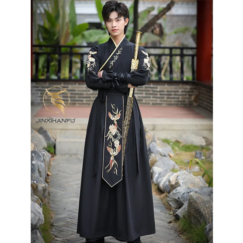 

Оригинальный дизайн Hanfu, Мужская Осенняя черная юбка с перекрестным воротником, длинное платье с вышивкой в старинном стиле, костюм для боевых искусств и представлений