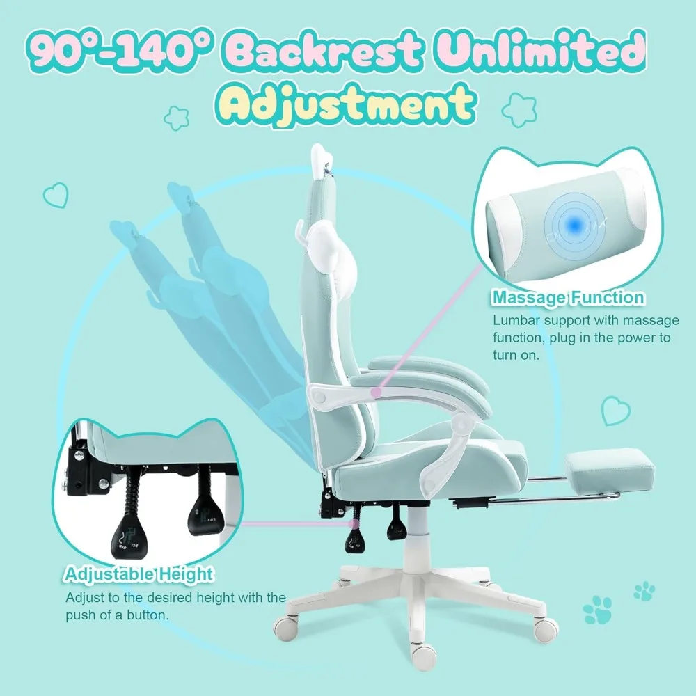Ergonomic Computer Chair for Girl with Footrest and Headrest, Comfortable Reclining Game Chair 290lbs for Adult,Teen,Blue Green 3