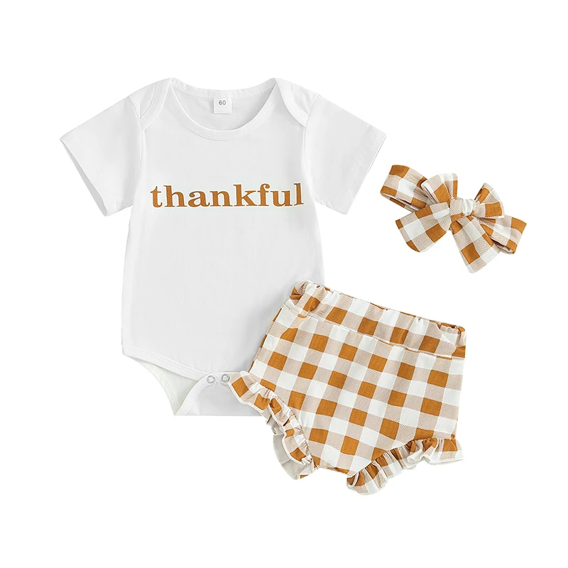 

Infant Baby Girl Thanksgiving Clothes Letter Short Sleeve Romper Jumpsuit Plaid Shorts Headband 3Pcs Outfits Set