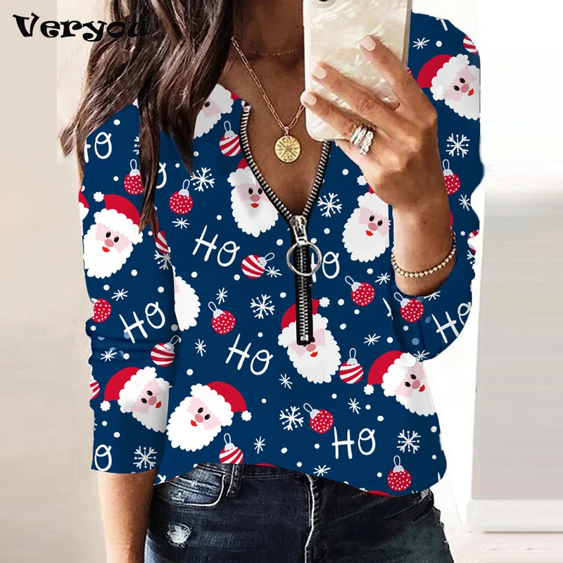 

New 2023 Autumn Winter V-neck Long Sleeve Christmas Elegant Blouses Women Casual Shirt Female Fashion Snowflake Print Tops