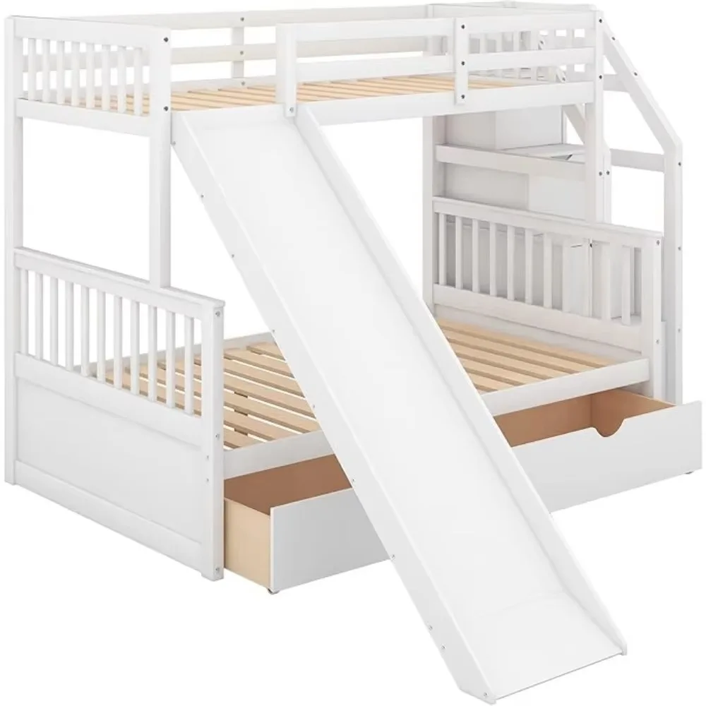 Twin Over Full Bunk Bed with Stairs and Slide, with Storage Drawers for Kids Girls Boys, Solid Wood Bunk Bed Frame 5