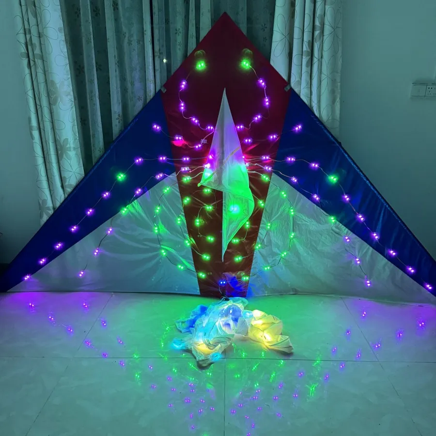 Big LED Delta Night Kite 3SQ Spider Triangle Kite with Lights, 10m Colorful Tubing Tails, 544 RIPSTOP NYLON 3