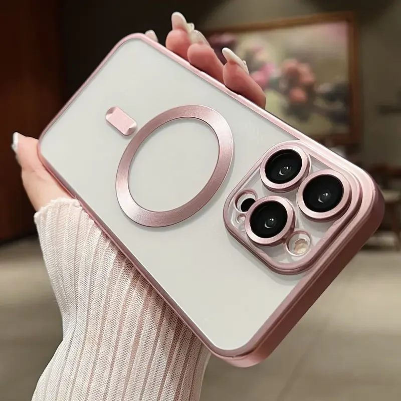 Luxury Plating Frosting Titanium Frame Case For IPhone 15 14 13 12 11 Pro Max Plus Clear Magsafe Magnetic Wireless Charge Cover